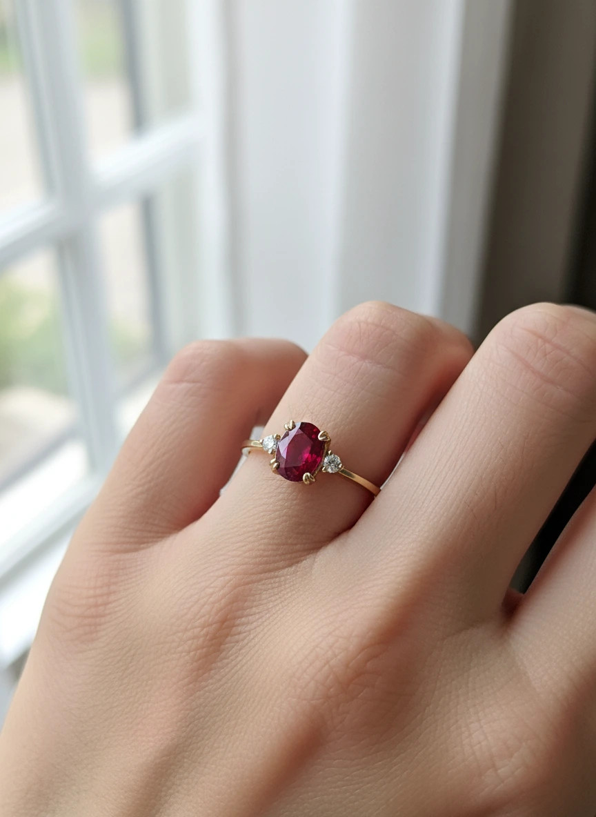 Mano femenina con anillo de oro amarillo y rubí ovalado, símbolo de amor y elegancia para San Valentín
